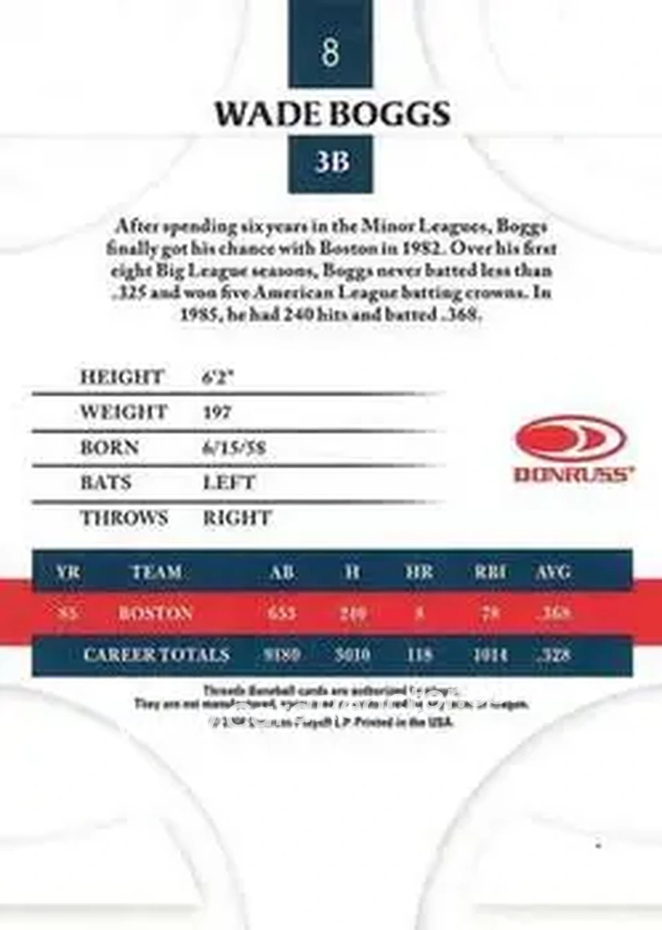 2008 Donruss Threads #8 - Wade Boggs - Boston Red Sox - Back