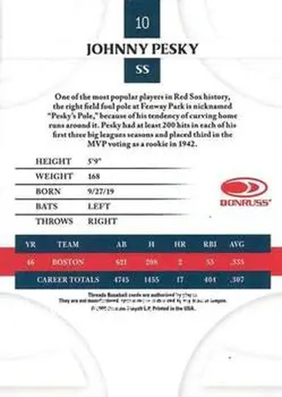 2008 Donruss Threads #10 - Johnny Pesky - Boston Red Sox - Back