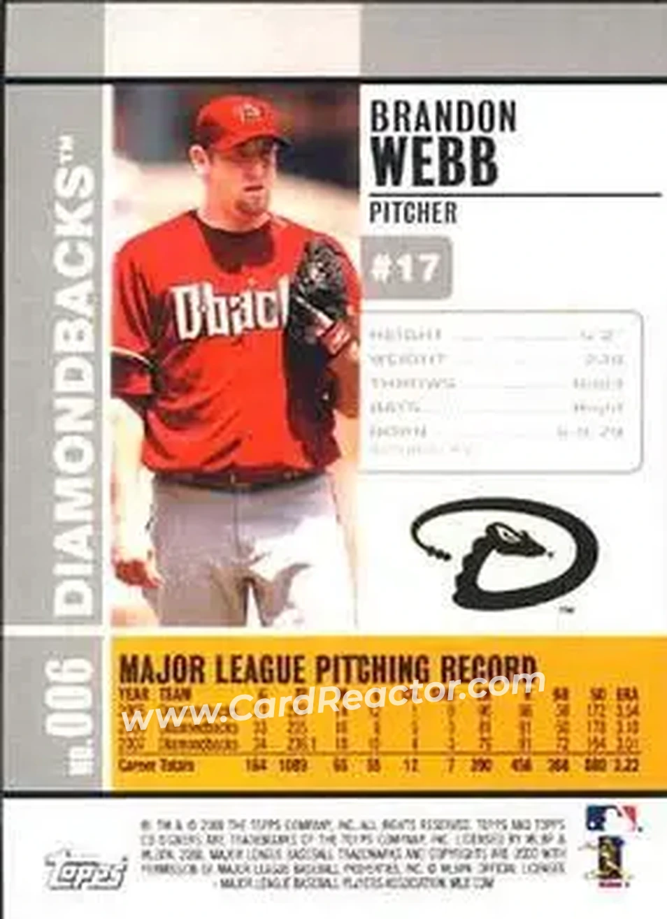2008 Topps Co-Signers #006 - Brandon Webb - Arizona Diamondbacks - Back