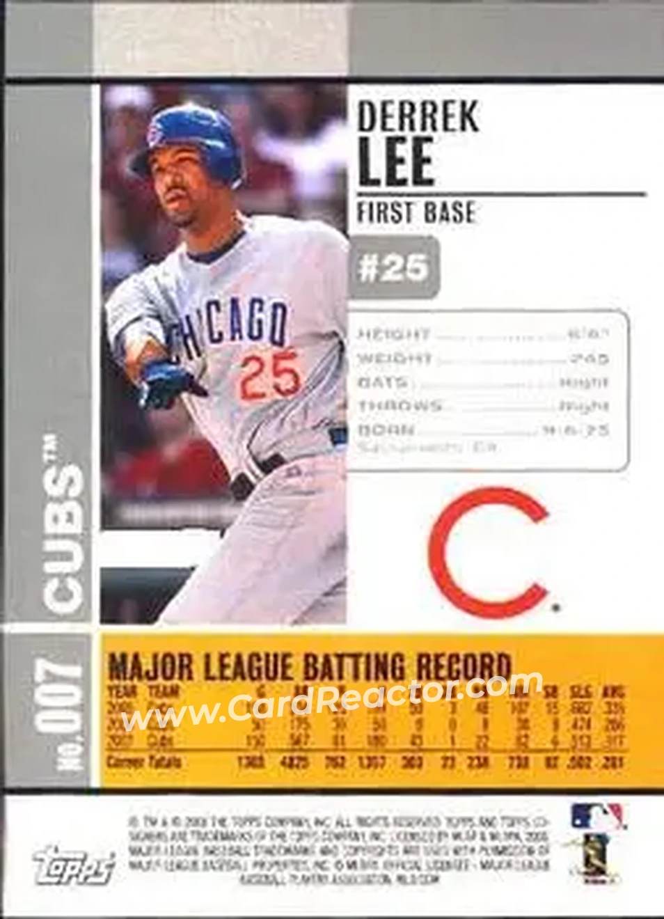 2008 Topps Co-Signers #007 - Derrek Lee - Chicago Cubs - Back