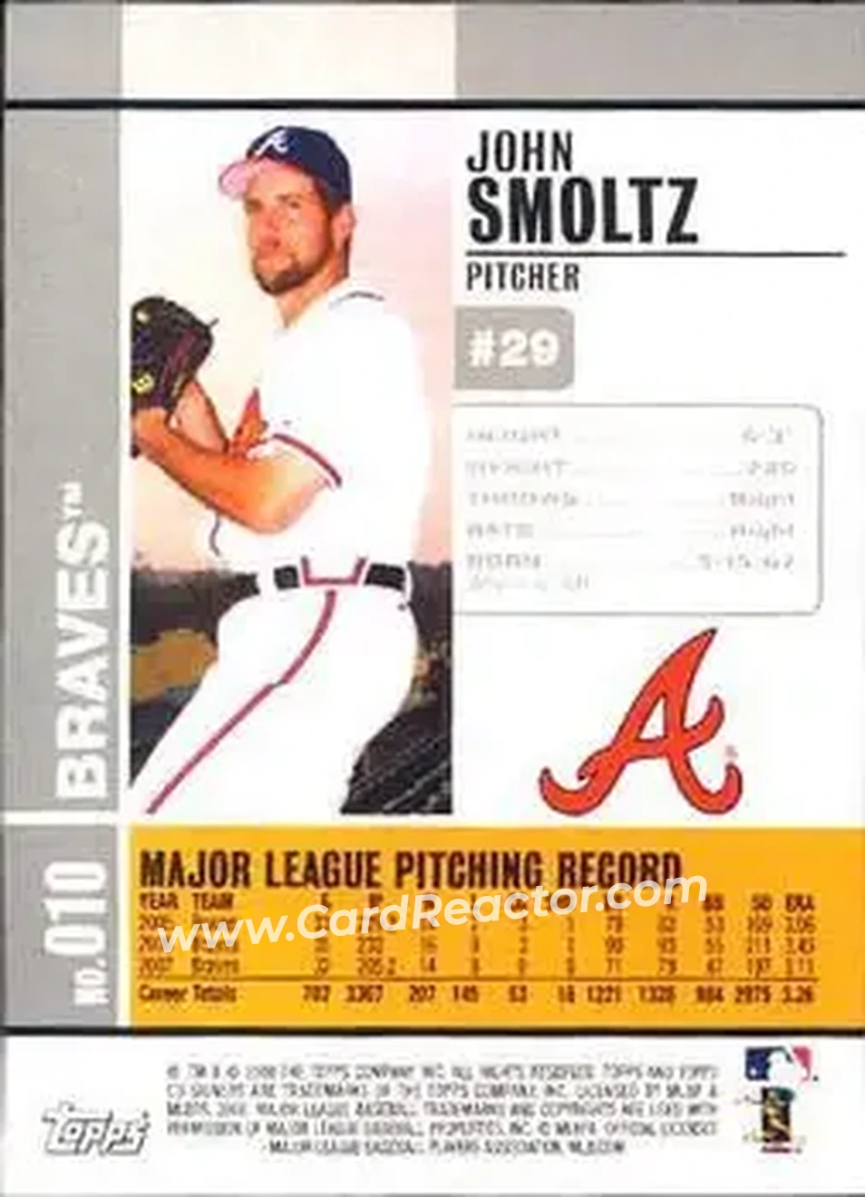 2008 Topps Co-Signers #010 - John Smoltz - Atlanta Braves - Back