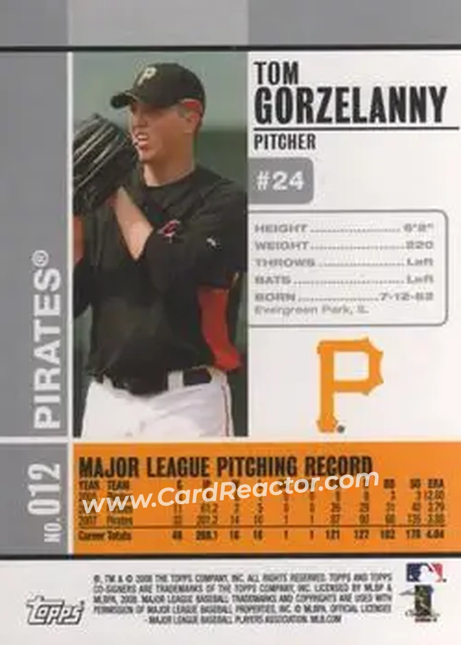 2008 Topps Co-Signers #012 - Tom Gorzelanny - Pittsburgh Pirates - Back