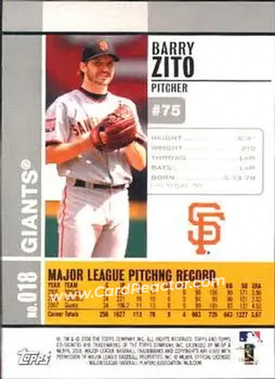 2008 Topps Co-Signers #018 - Barry Zito - San Francisco Giants - Back