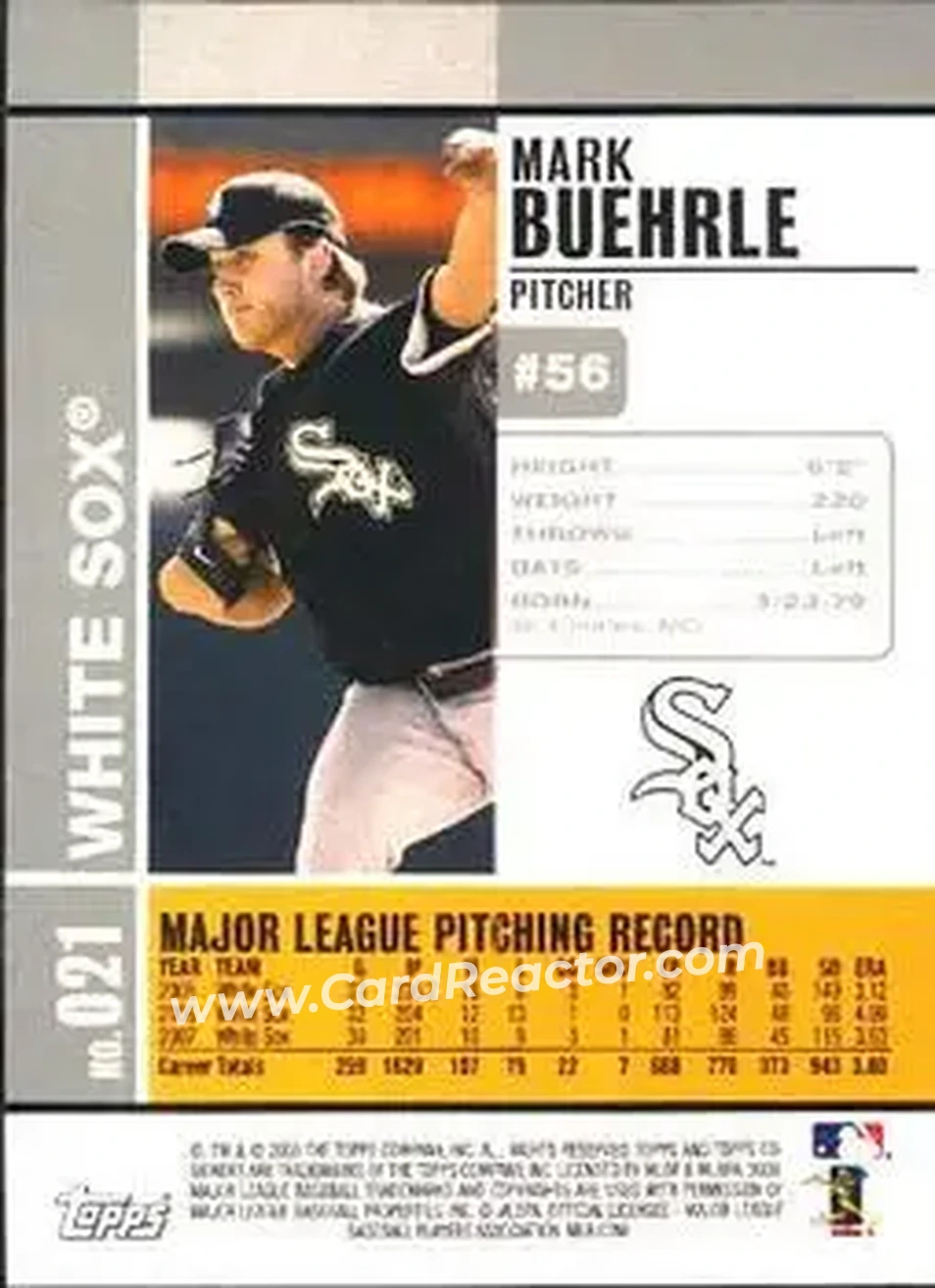 2008 Topps Co-Signers #021 - Mark Buehrle - Chicago White Sox - Back