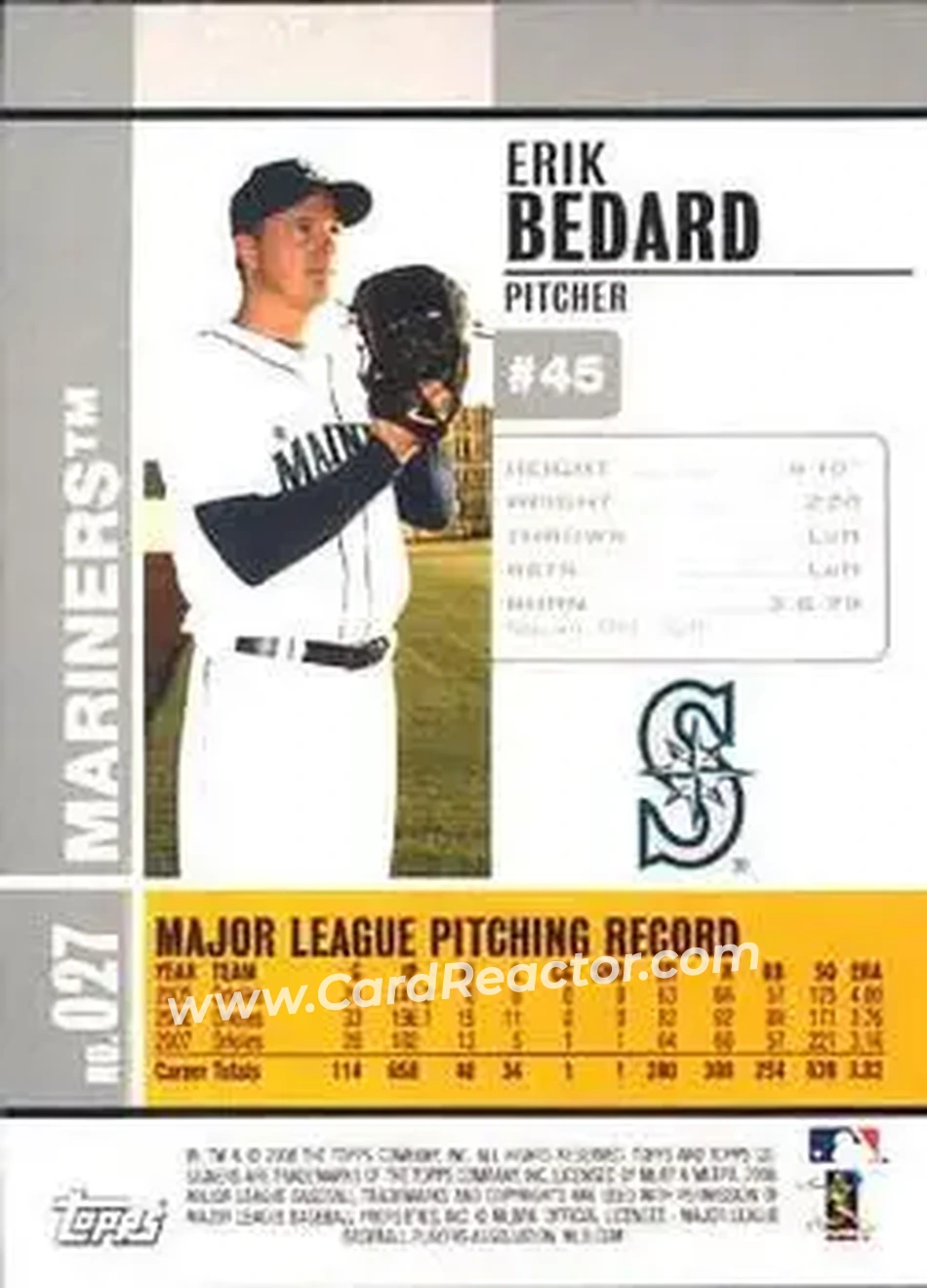 2008 Topps Co-Signers #027 - Erik Bedard - Seattle Mariners - Back