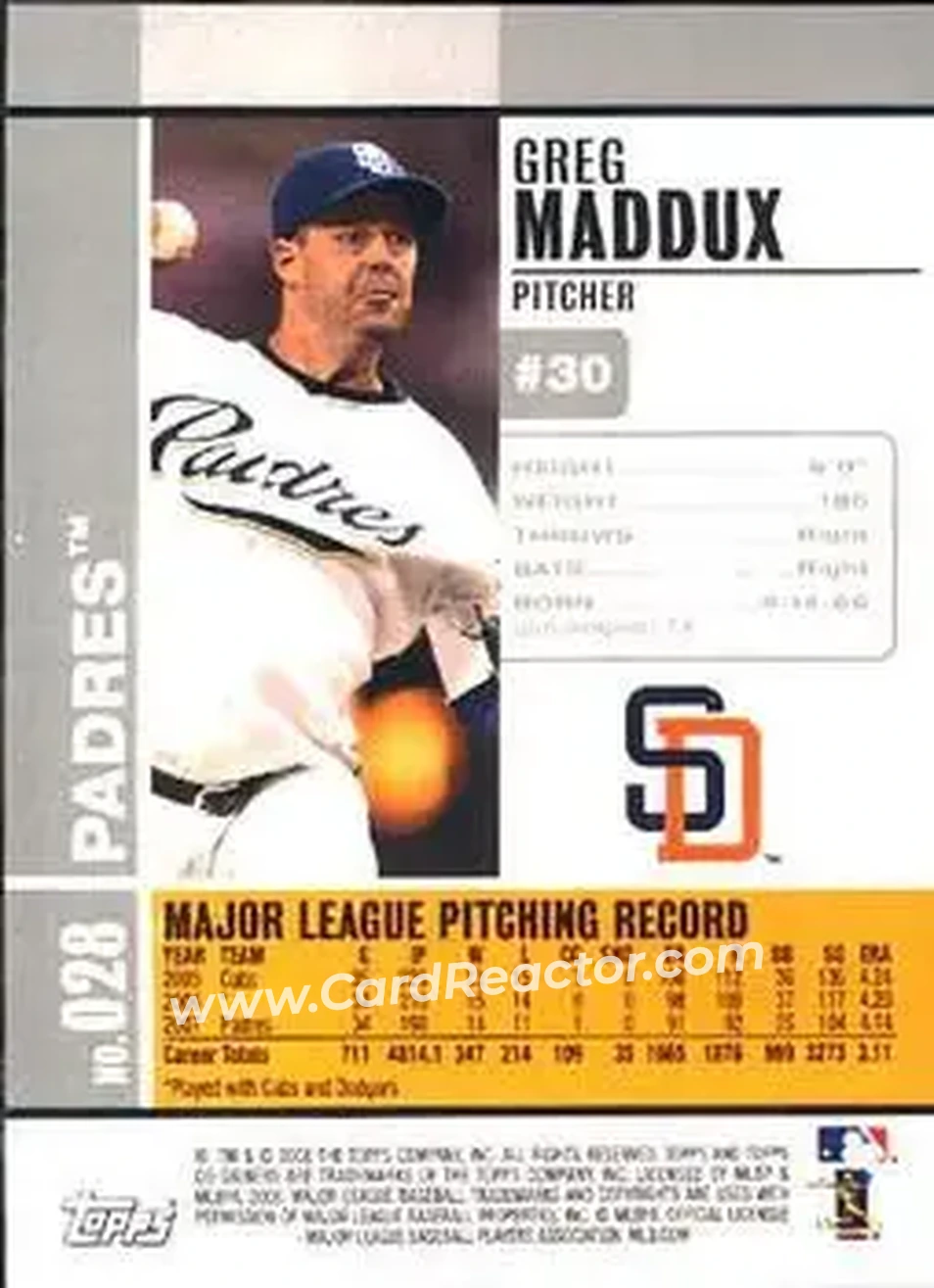 2008 Topps Co-Signers #028 - Greg Maddux - San Diego Padres - Back