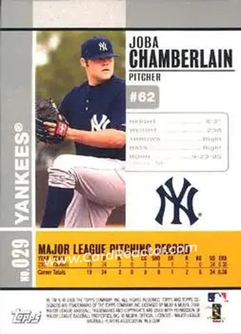 2008 Topps Co-Signers #029 - Joba Chamberlain - New York Yankees - Back
