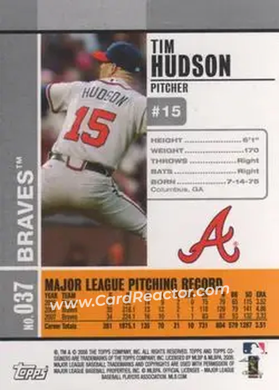 2008 Topps Co-Signers #037 - Tim Hudson - Atlanta Braves - Back
