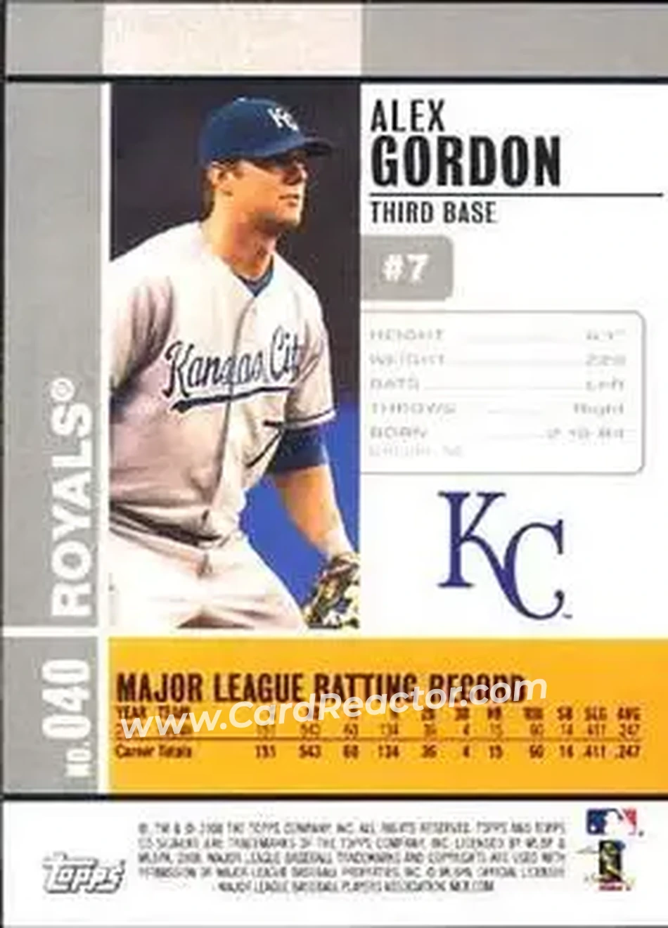 2008 Topps Co-Signers #040 - Alex Gordon - Kansas City Royals - Back