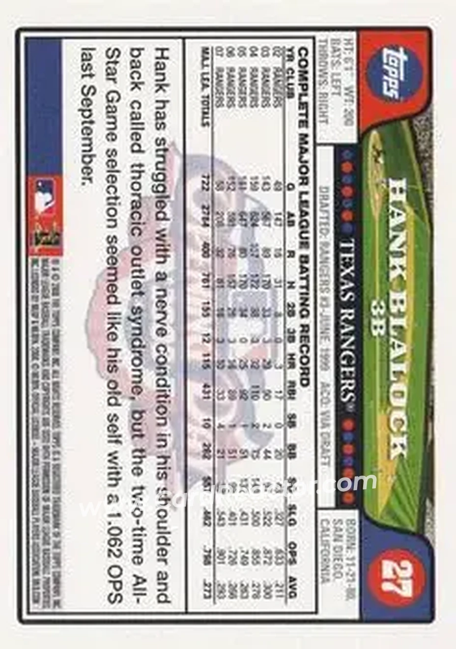 2008 Topps Opening Day #27 - Hank Blalock - Texas Rangers - Back