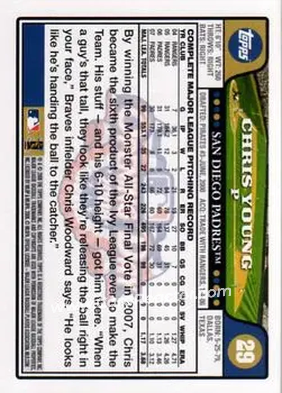2008 Topps Opening Day #29 - Chris Young - San Diego Padres - Back