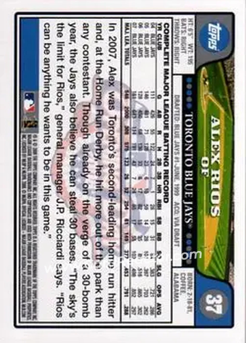 2008 Topps Opening Day #37 - Alex Rios - Toronto Blue Jays - Back