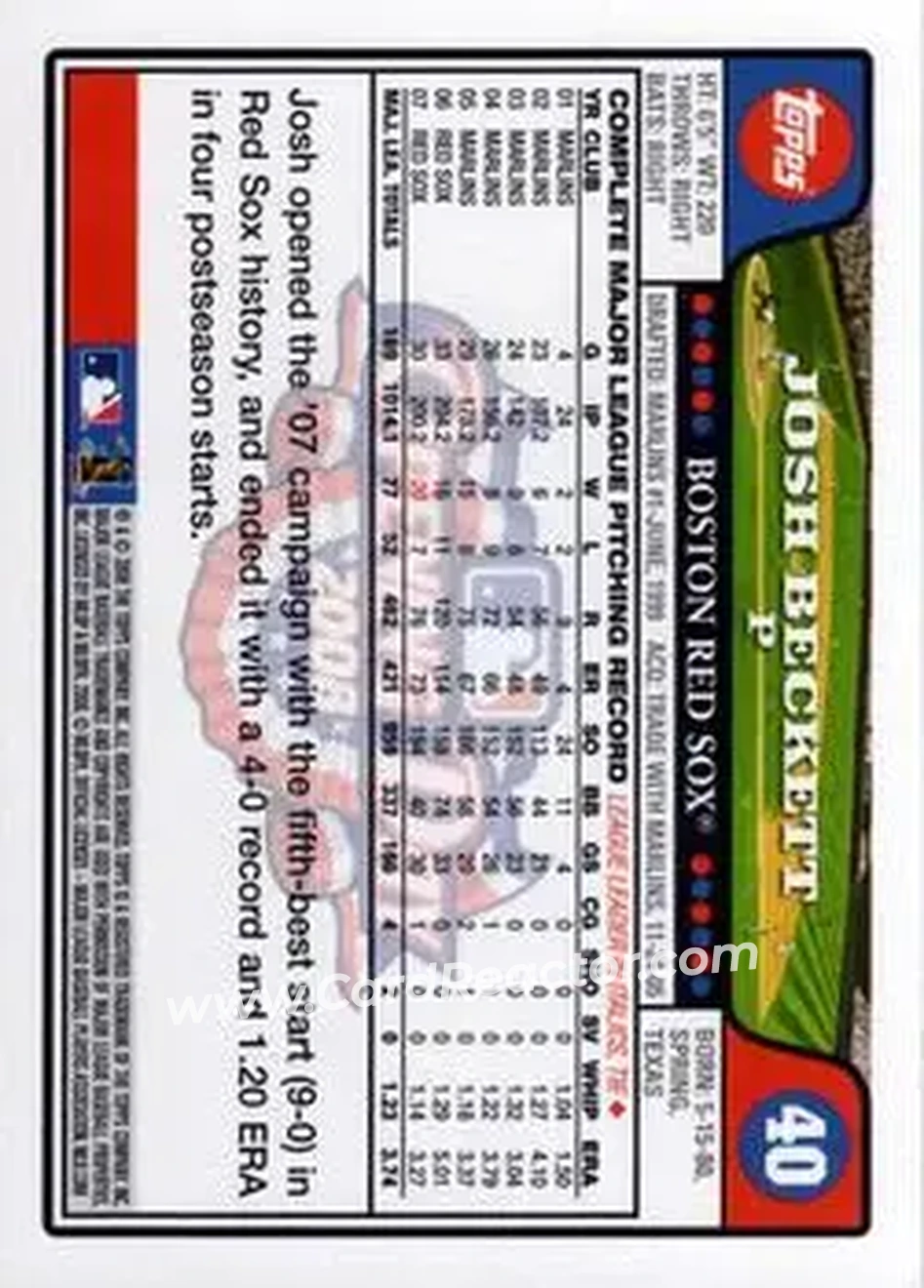 2008 Topps Opening Day #40 - Josh Beckett - Boston Red Sox - Back 2008 Topps Opening Day #40 - Josh Beckett - Boston Red Sox - Back