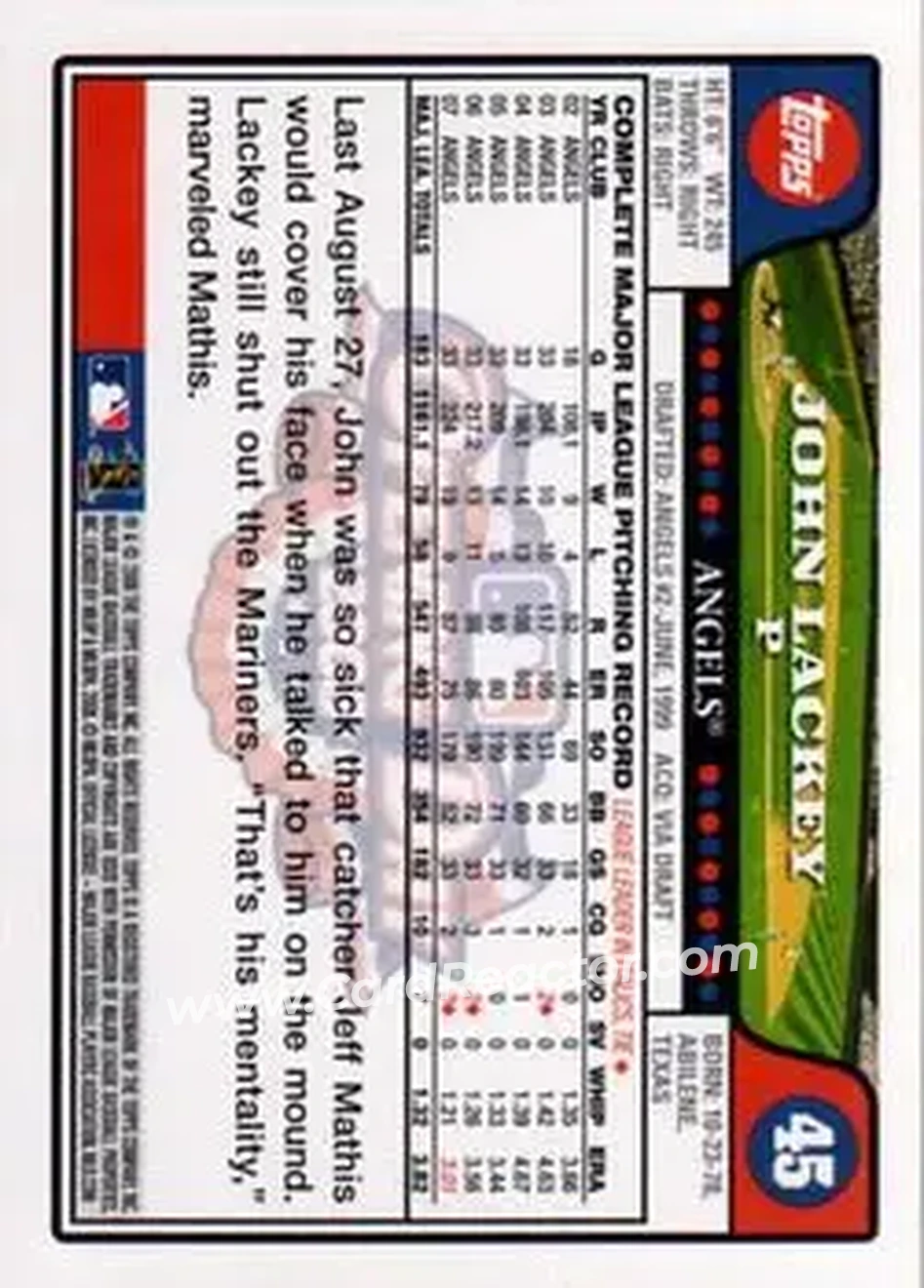 2008 Topps Opening Day #45 - John Lackey - Los Angeles Angels - Back 2008 Topps Opening Day #45 - John Lackey - Los Angeles Angels - Back