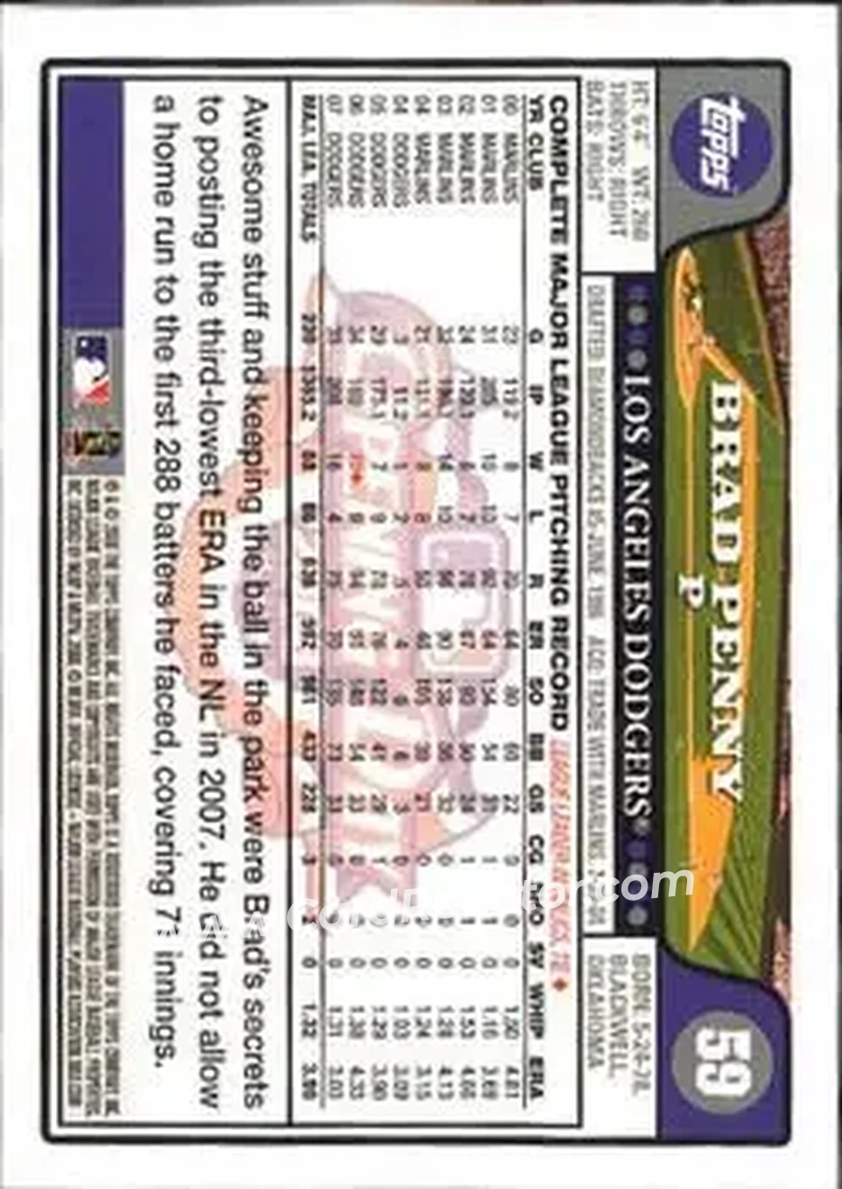 2008 Topps Opening Day #59 - Brad Penny - Los Angeles Dodgers - Back 2008 Topps Opening Day #59 - Brad Penny - Los Angeles Dodgers - Back