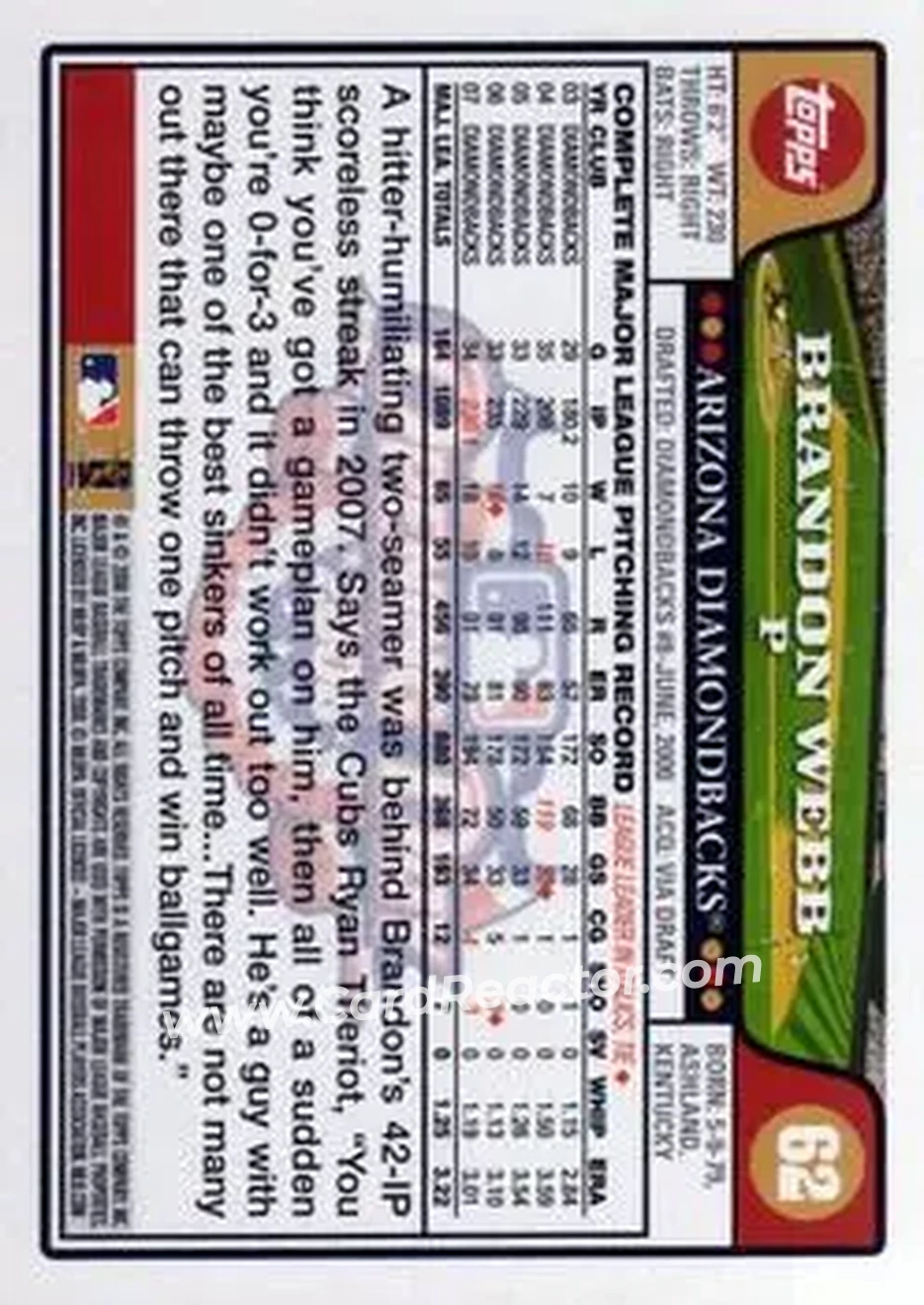 2008 Topps Opening Day #62 - Brandon Webb - Arizona Diamondbacks - Back
