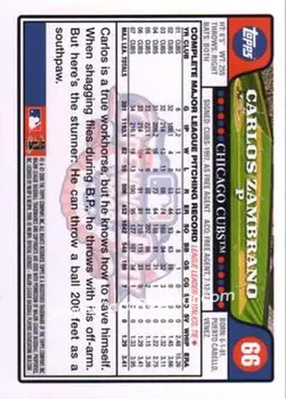 2008 Topps Opening Day #66 - Carlos Zambrano - Chicago Cubs - Back