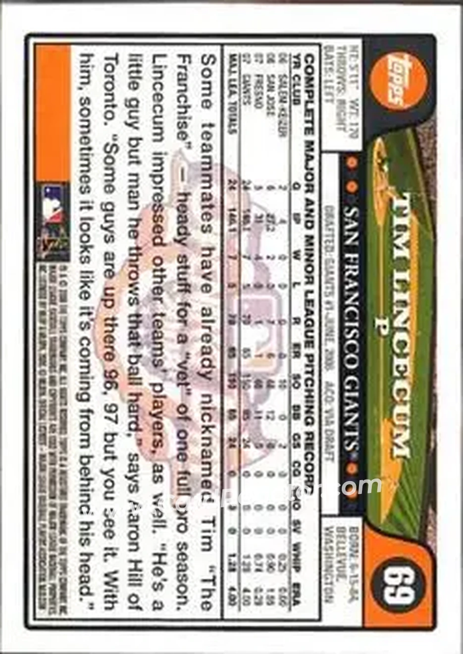 2008 Topps Opening Day #69 - Tim Lincecum - San Francisco Giants - Back