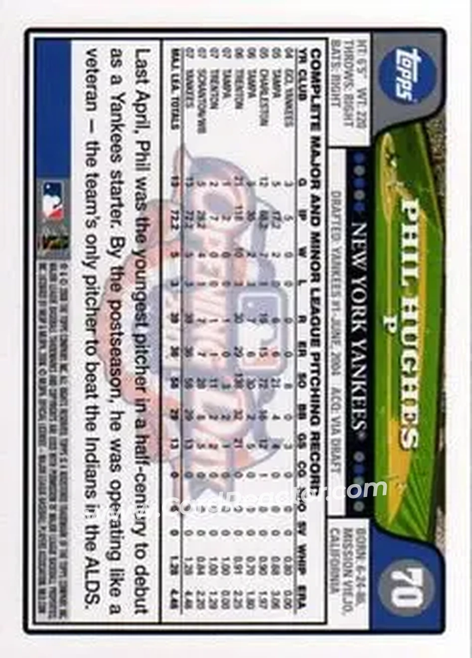 2008 Topps Opening Day #70 - Phil Hughes - New York Yankees - Back