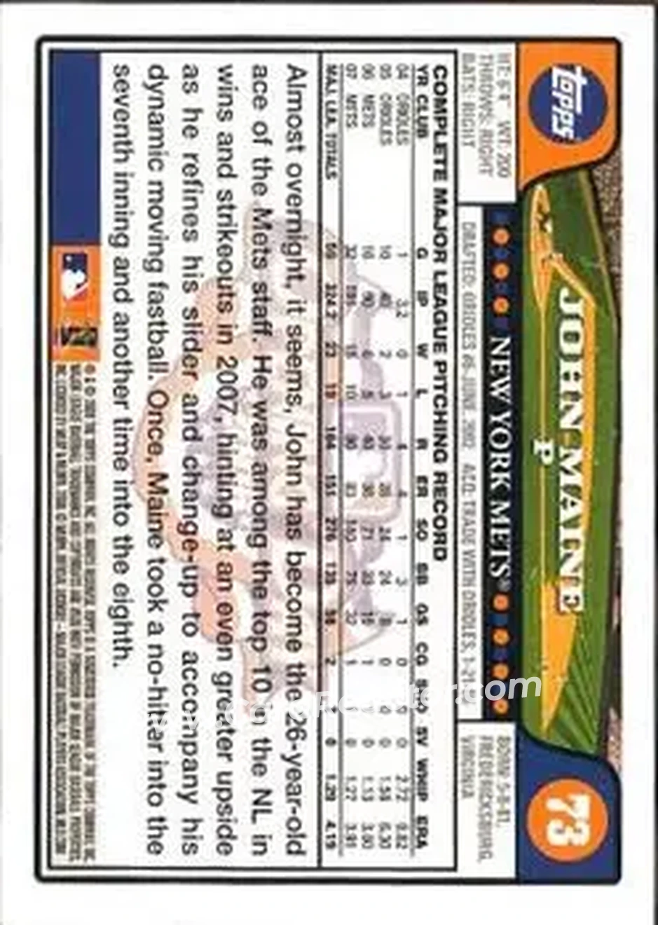 2008 Topps Opening Day #73 - John Maine - New York Mets - Back