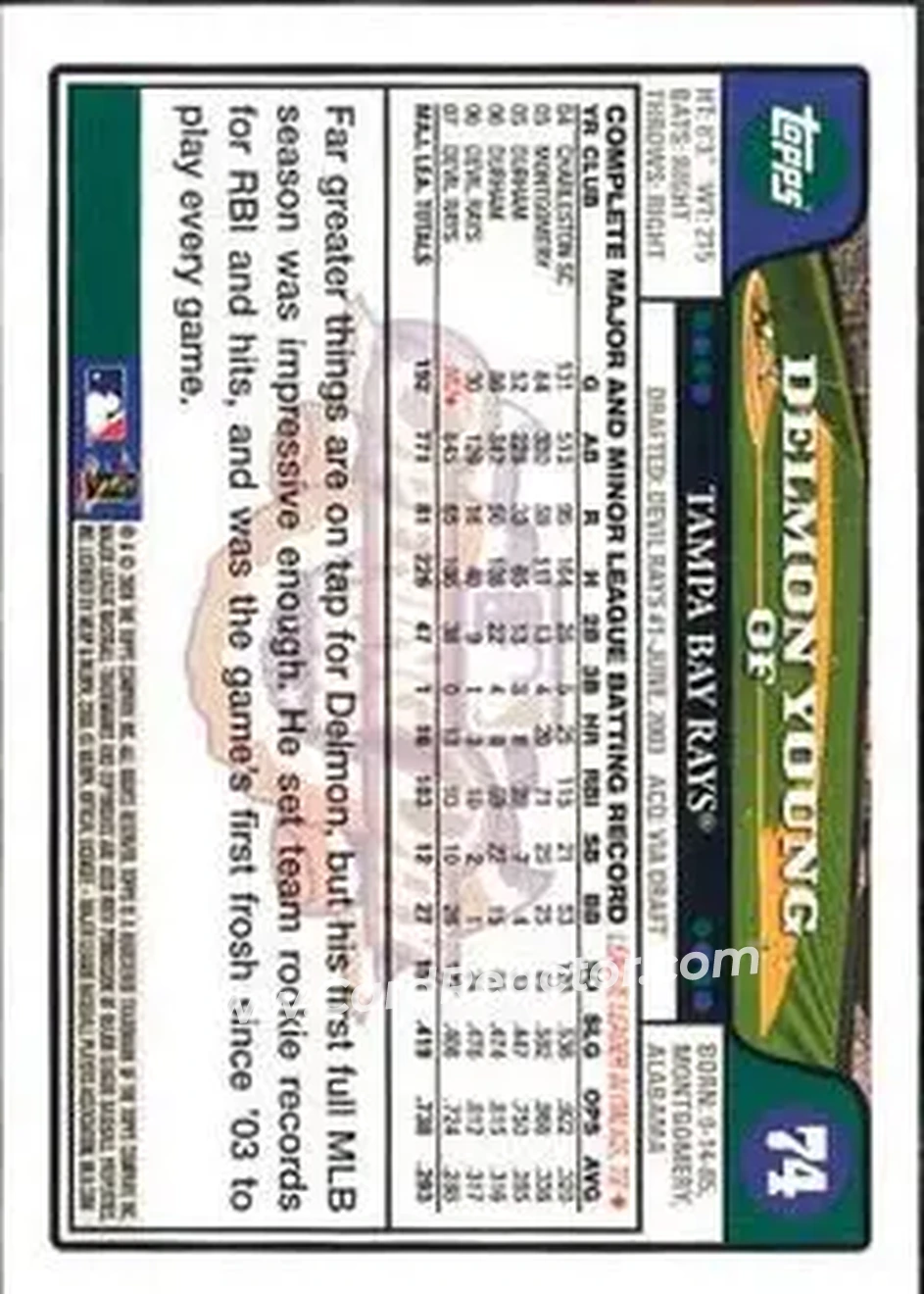 2008 Topps Opening Day #74 - Delmon Young - Tampa Bay Rays - Back