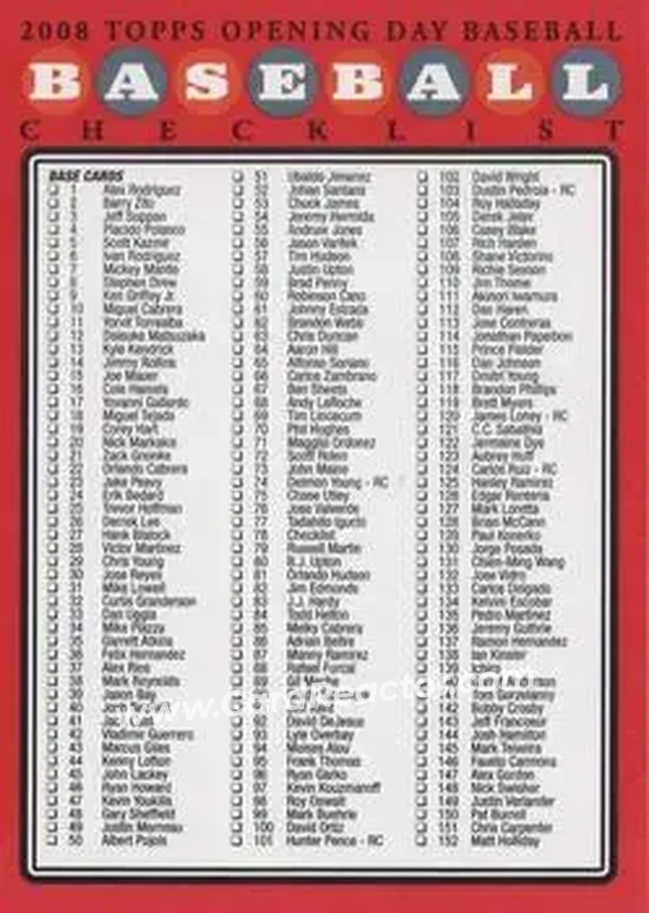 2008 Topps Opening Day #NNO - Checklist - Front