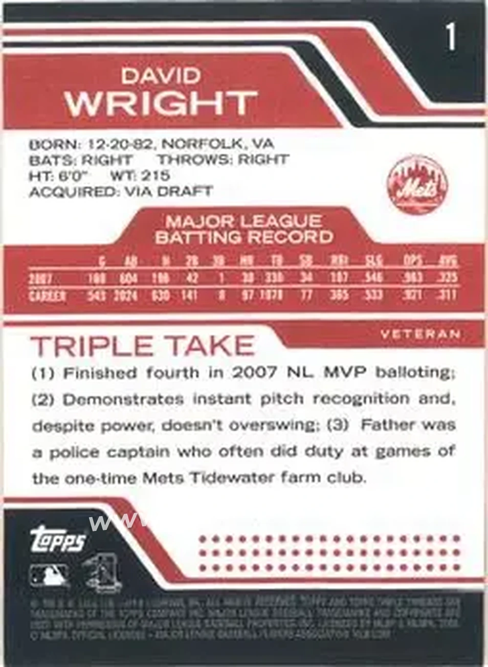 2008 Topps Triple Threads #1 - David Wright - New York Mets - Back 2008 Topps Triple Threads #1 - David Wright - New York Mets - Back