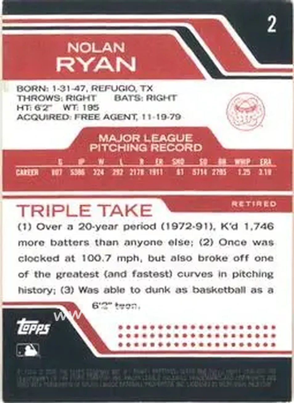 2008 Topps Triple Threads #2 - Nolan Ryan - Houston Astros - Back