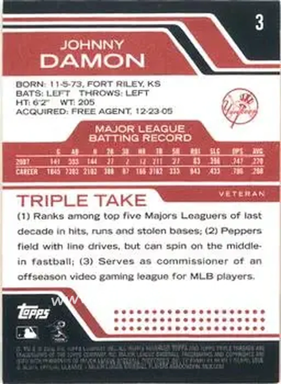 2008 Topps Triple Threads #3 - Johnny Damon - New York Yankees - Back