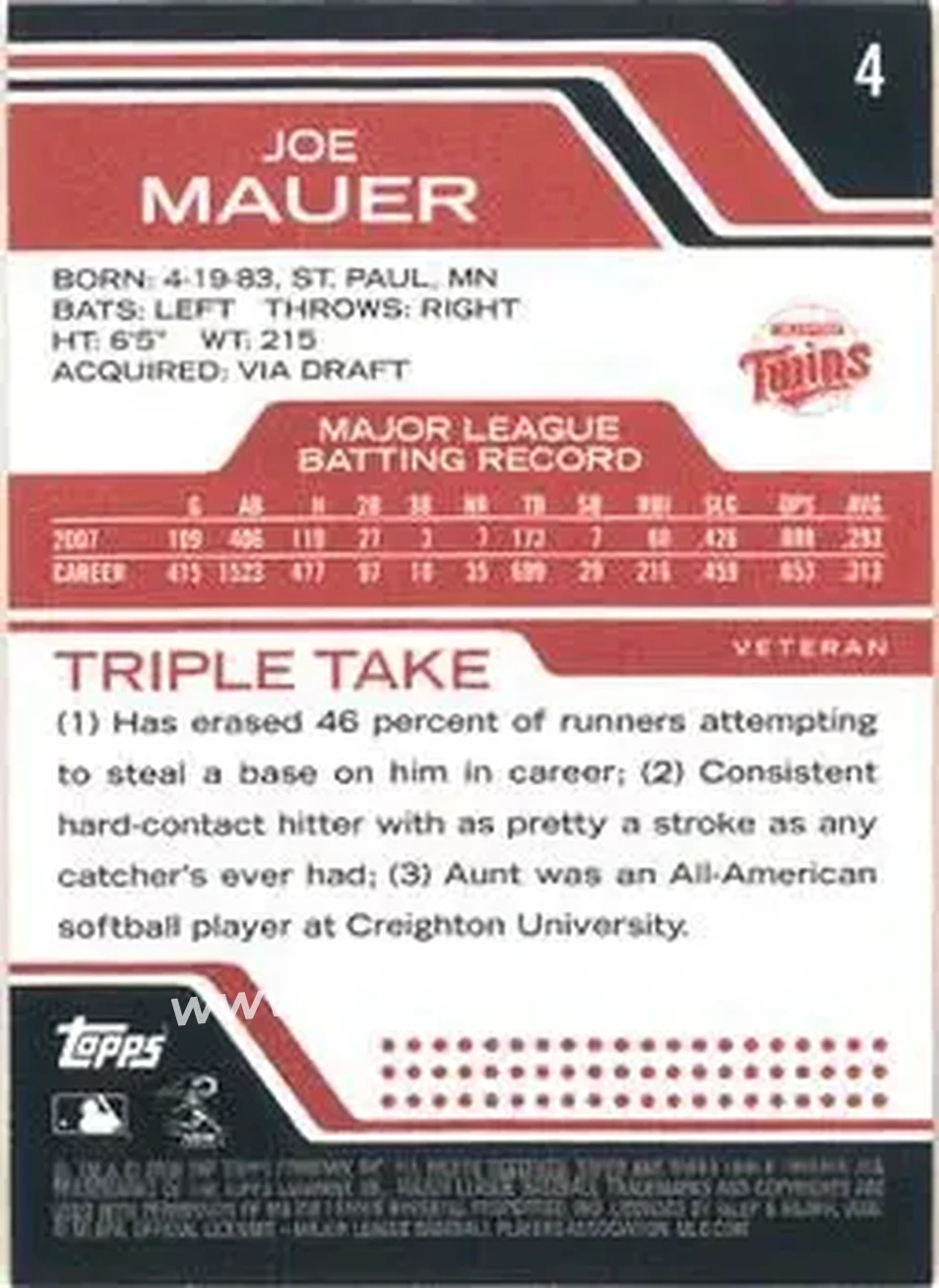 2008 Topps Triple Threads #4 - Joe Mauer - Minnesota Twins - Back