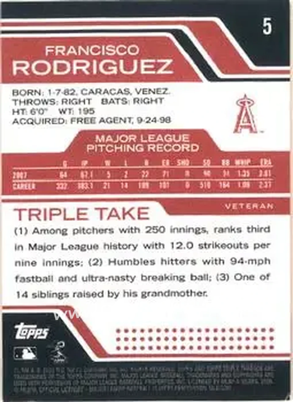 2008 Topps Triple Threads #5 - Francisco Rodriguez - Los Angeles Angels - Back 2008 Topps Triple Threads #5 - Francisco Rodriguez - Los Angeles Angels - Back