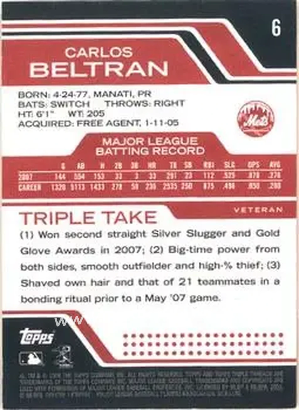 2008 Topps Triple Threads #6 - Carlos Beltran - New York Mets - Back 2008 Topps Triple Threads #6 - Carlos Beltran - New York Mets - Back