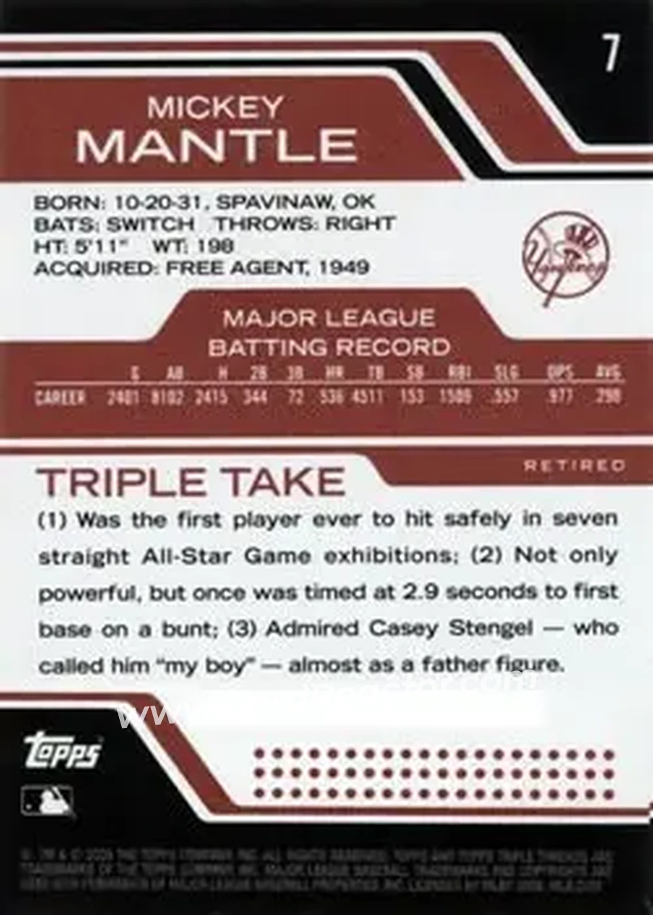 2008 Topps Triple Threads #7 - Mickey Mantle - New York Yankees - Back 2008 Topps Triple Threads #7 - Mickey Mantle - New York Yankees - Back