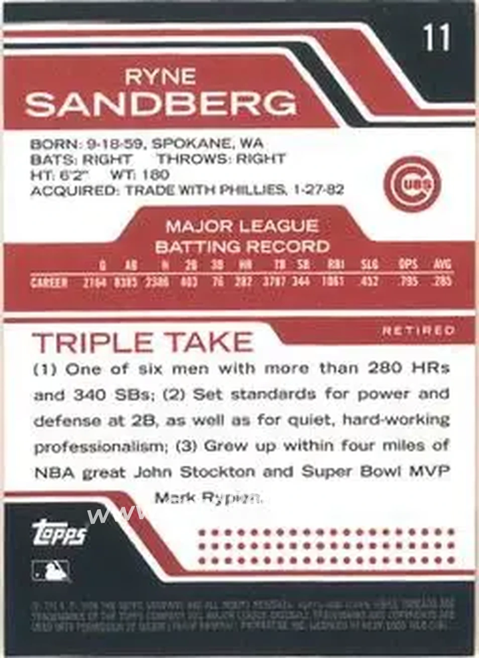 2008 Topps Triple Threads #11 - Ryne Sandberg - Chicago Cubs - Back 2008 Topps Triple Threads #11 - Ryne Sandberg - Chicago Cubs - Back