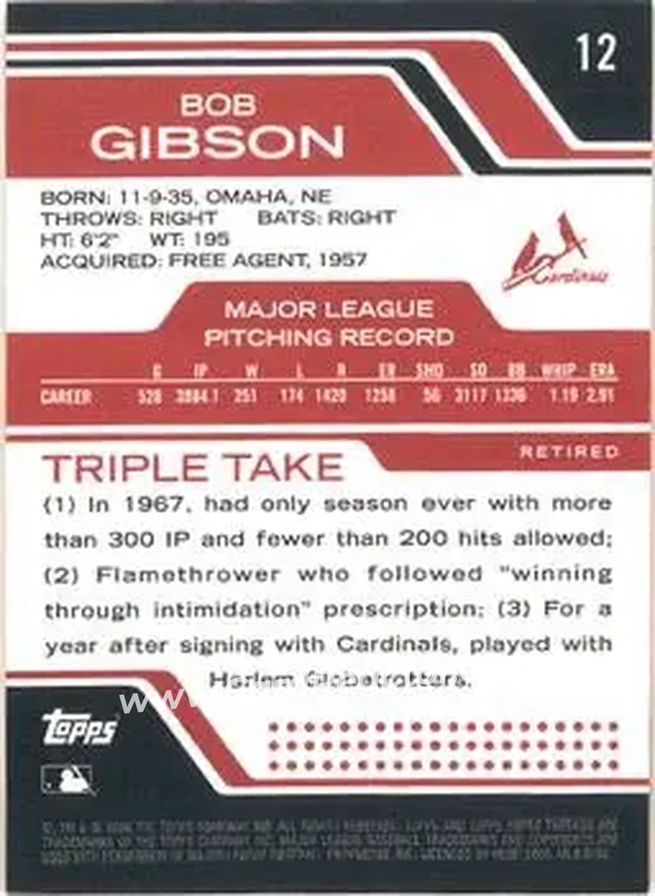 2008 Topps Triple Threads #12 - Bob Gibson - St. Louis Cardinals - Back