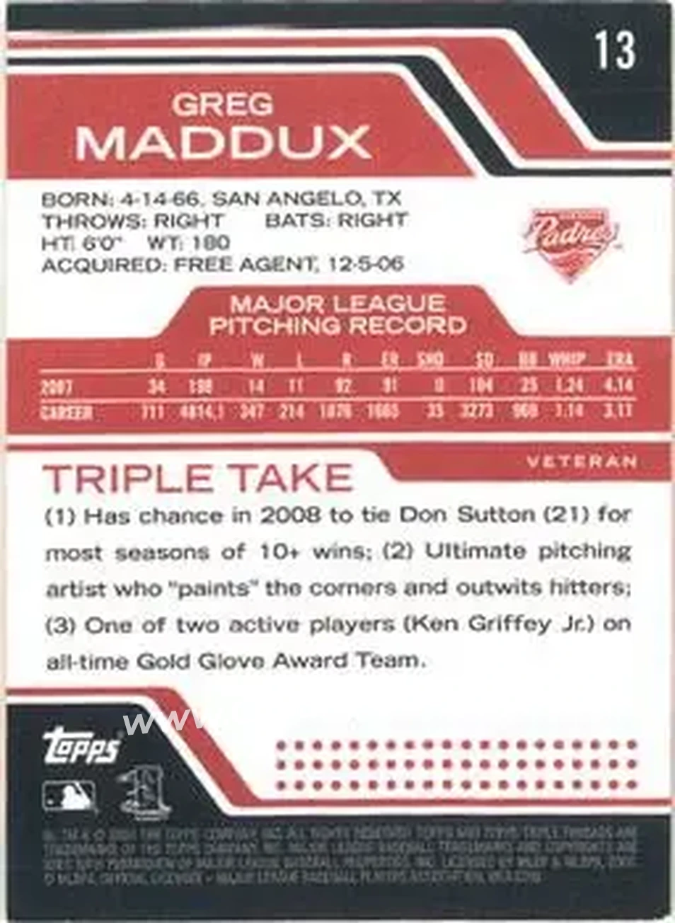2008 Topps Triple Threads #13 - Greg Maddux - San Diego Padres - Back
