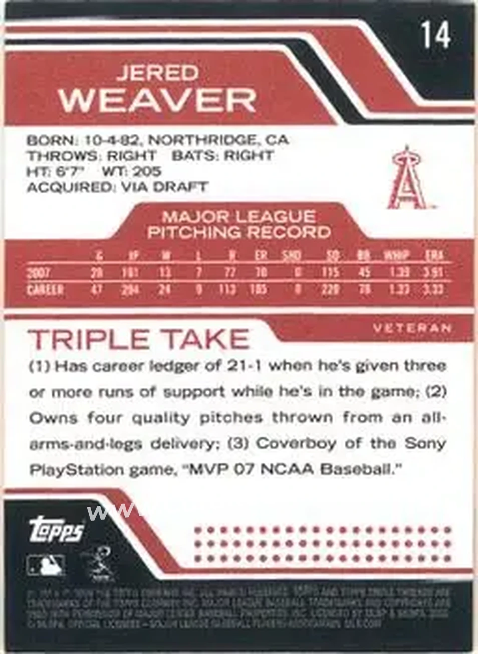 2008 Topps Triple Threads #14 - Jered Weaver - Los Angeles Angels - Back