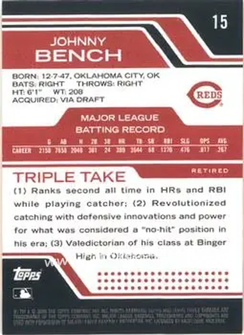 2008 Topps Triple Threads #15 - Johnny Bench - Cincinnati Reds - Back