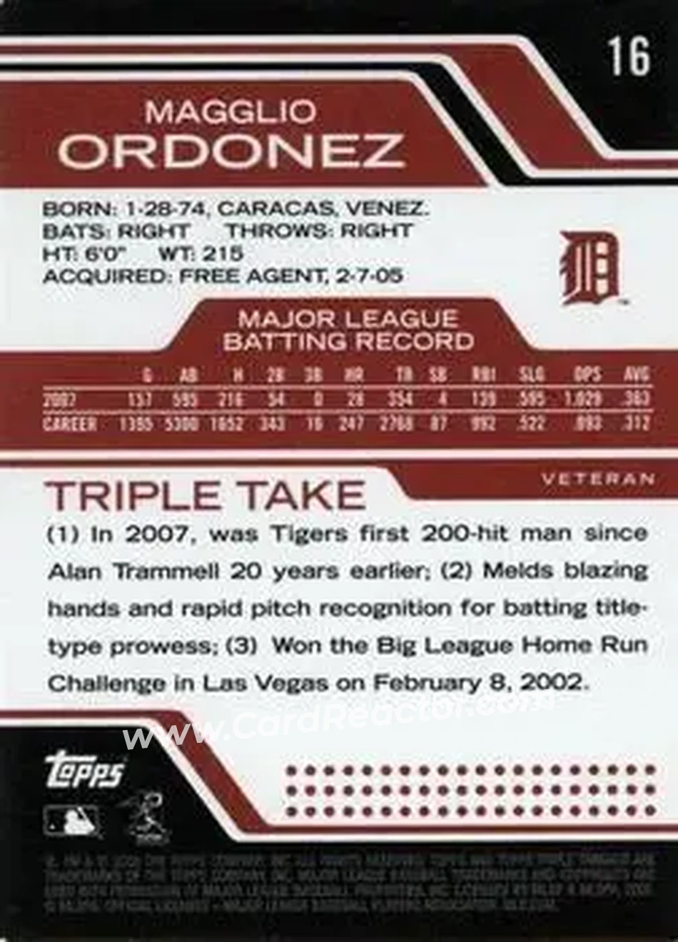 2008 Topps Triple Threads #16 - Magglio Ordonez - Detroit Tigers - Back