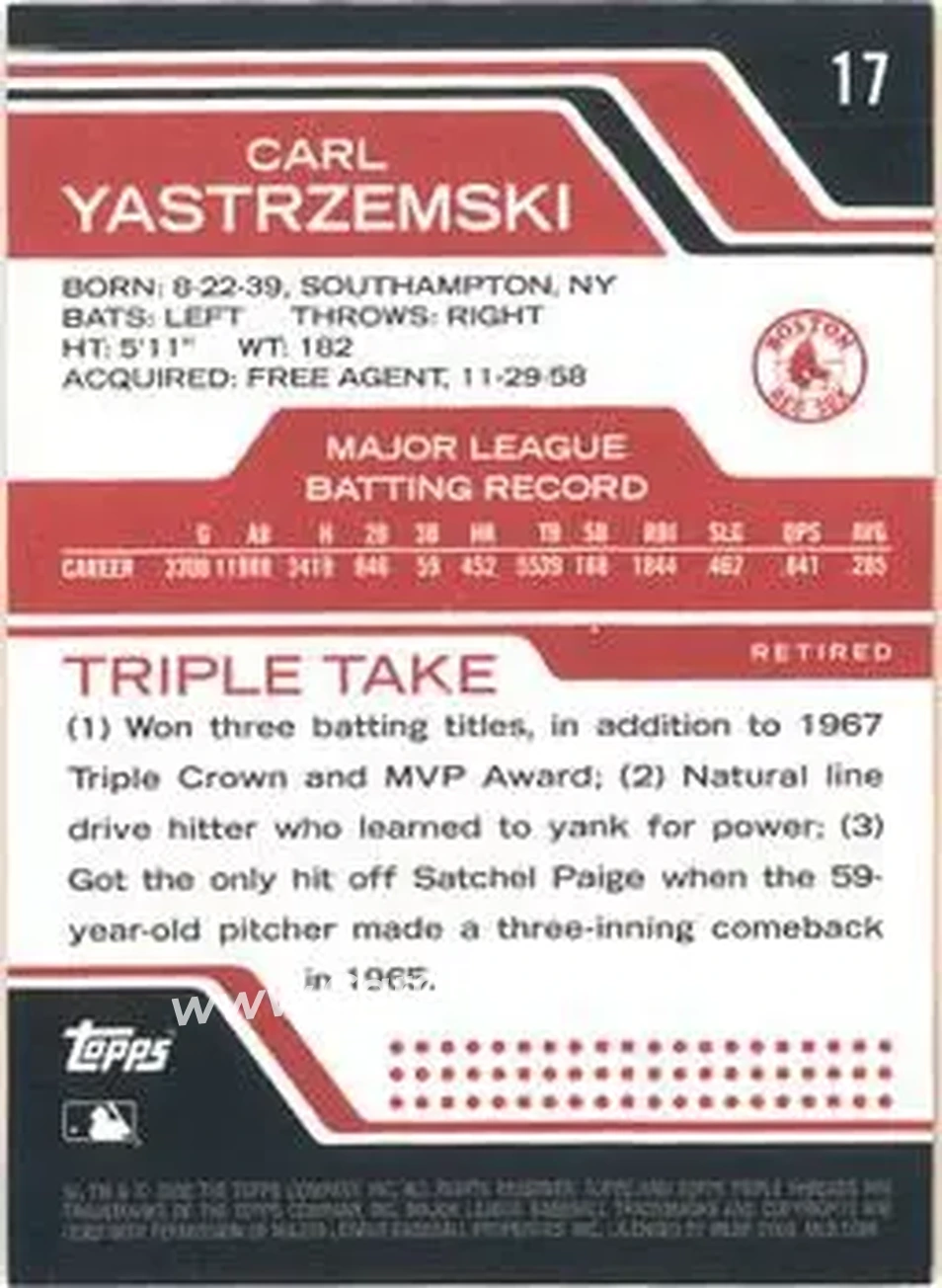 2008 Topps Triple Threads #17 - Carl Yastrzemski - Boston Red Sox - Back