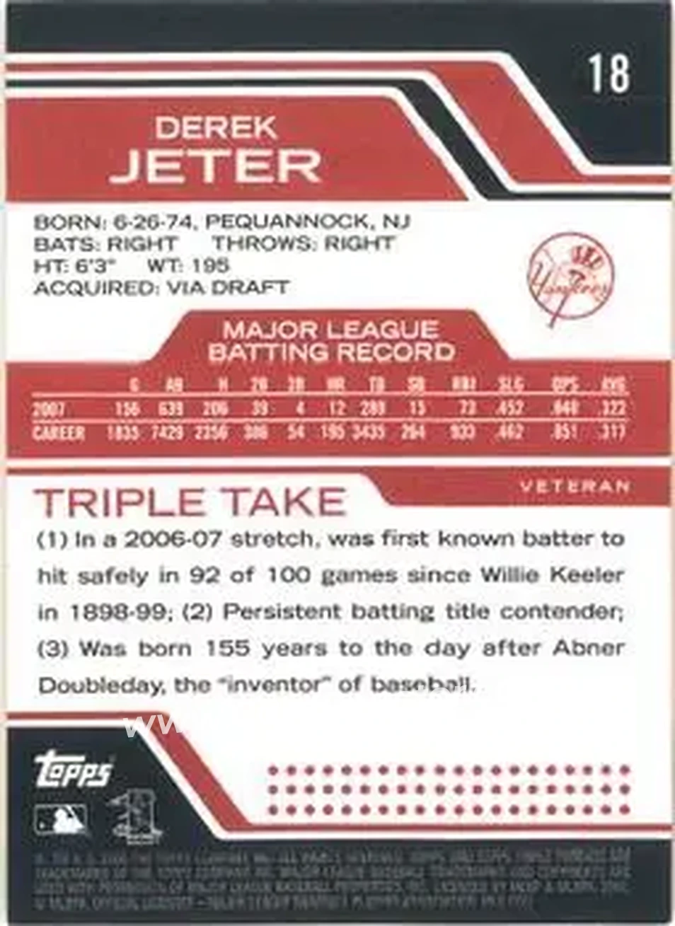 2008 Topps Triple Threads #18 - Derek Jeter - New York Yankees - Back