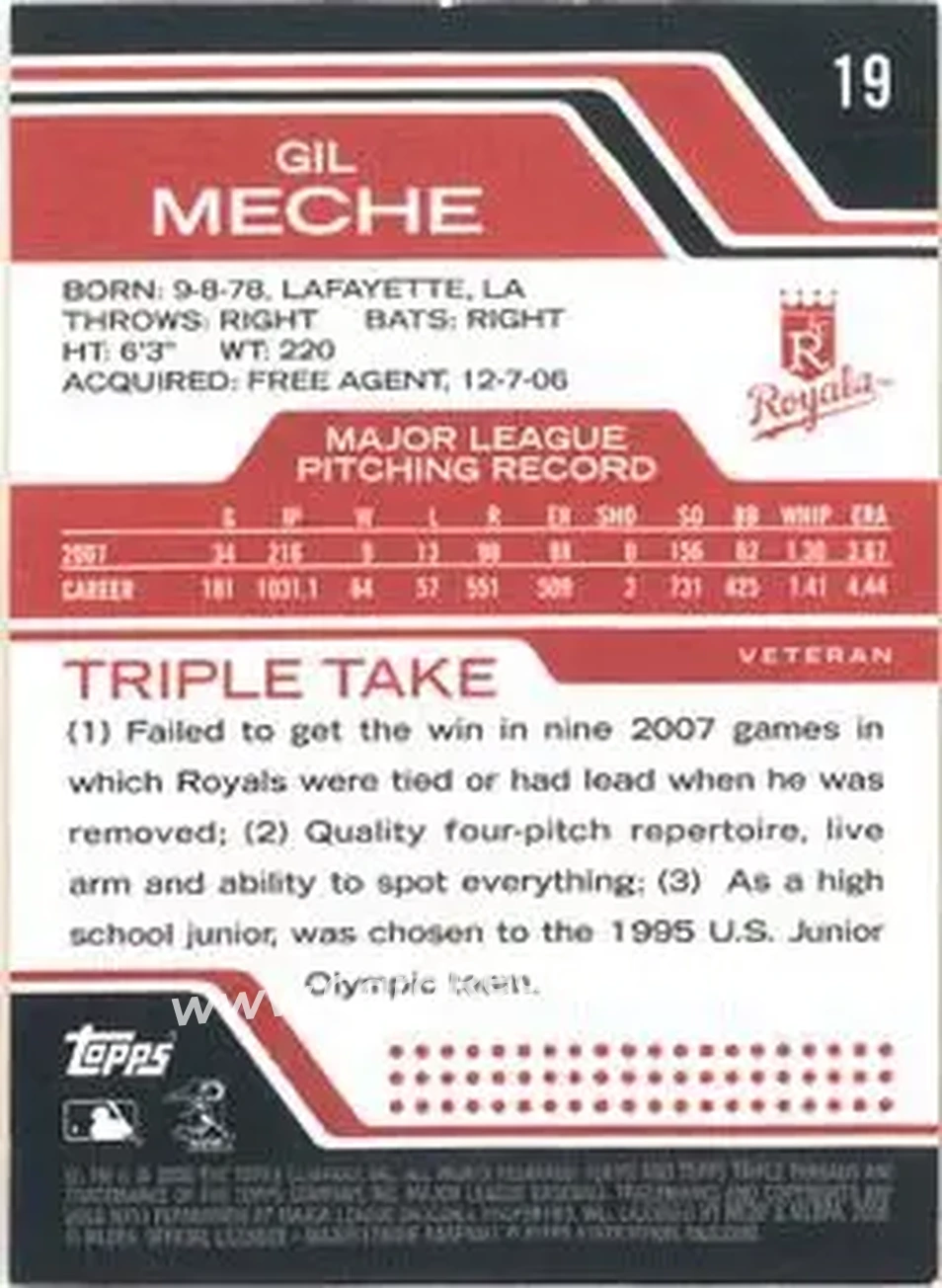 2008 Topps Triple Threads #19 - Gil Meche - Kansas City Royals - Back