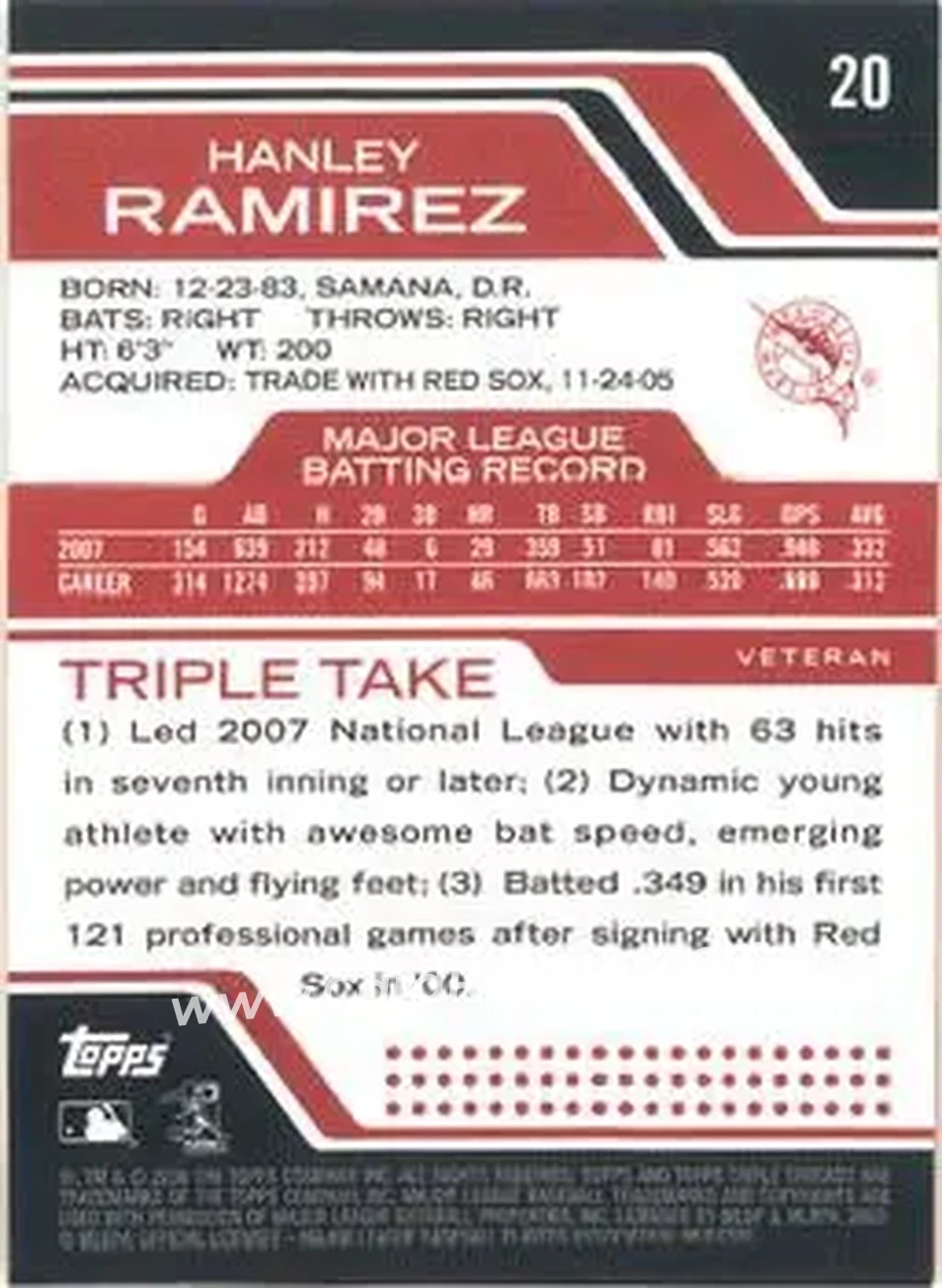 2008 Topps Triple Threads #20 - Hanley Ramirez - Florida Marlins - Back