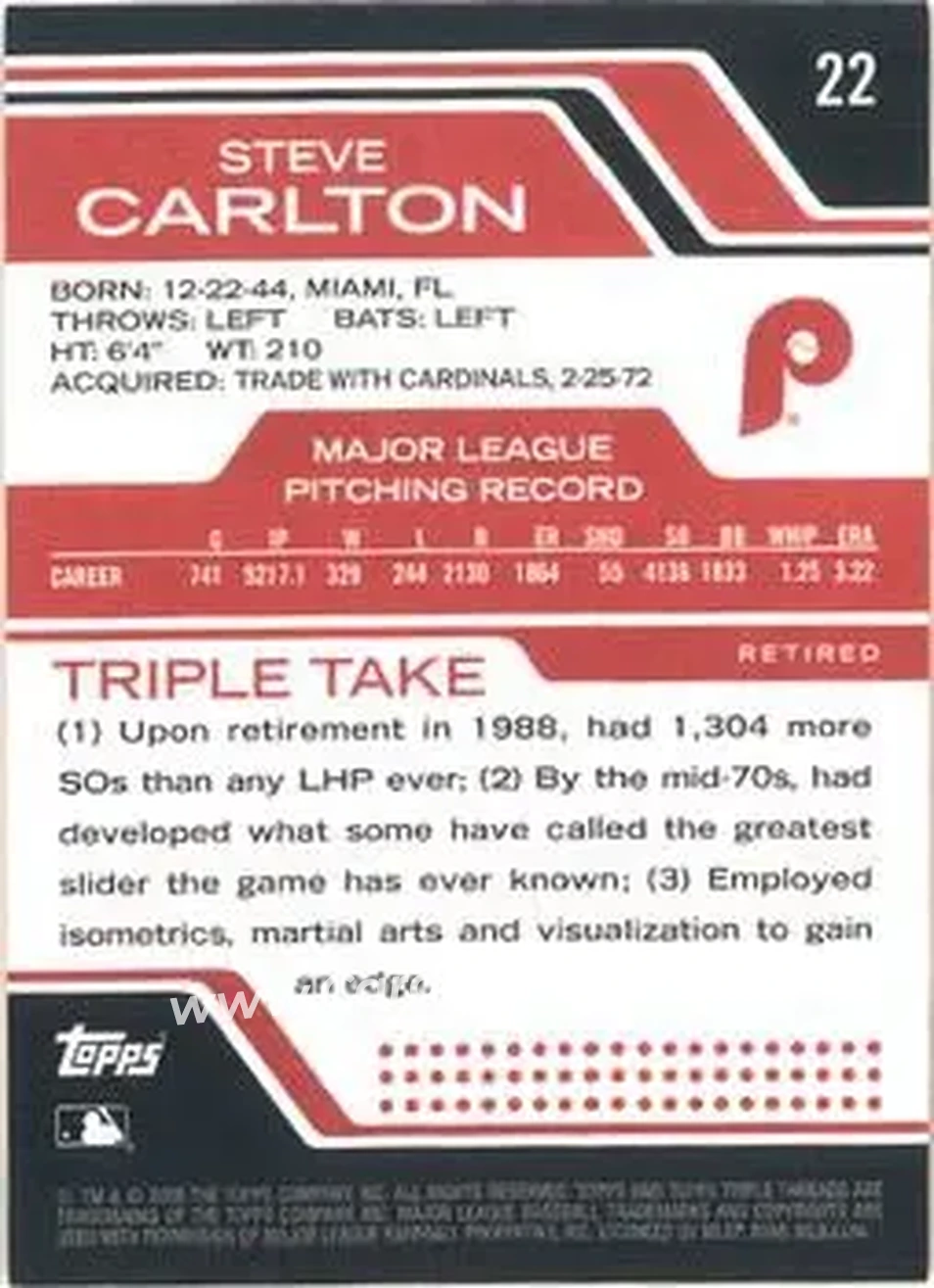 2008 Topps Triple Threads #22 - Steve Carlton - Philadelphia Phillies - Back