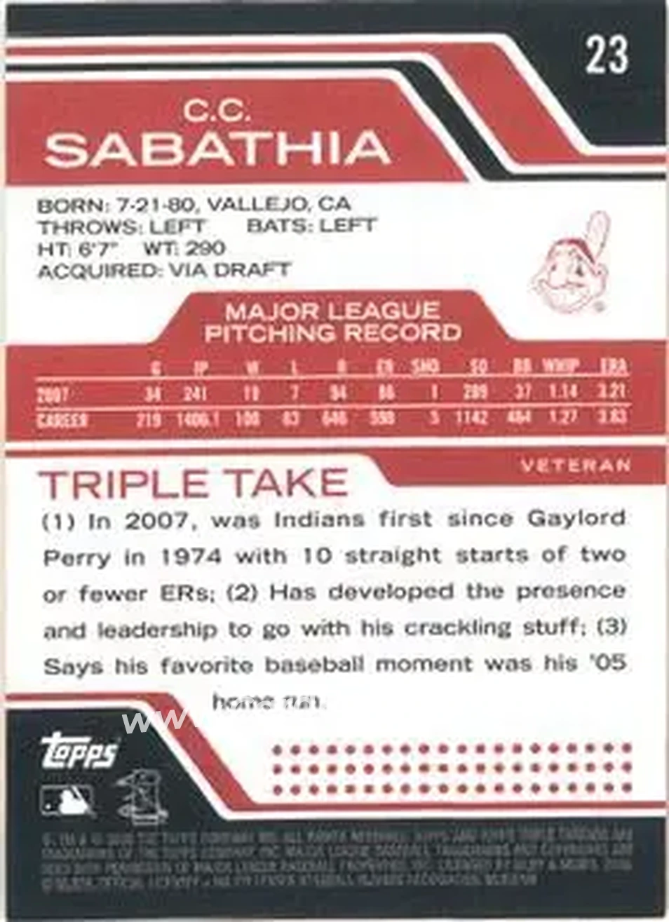 2008 Topps Triple Threads #23 - CC Sabathia - Cleveland Indians - Back