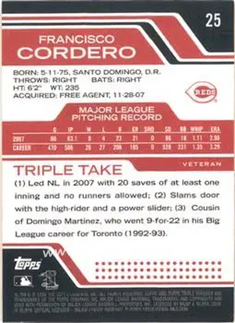 2008 Topps Triple Threads #25 - Francisco Cordero - Cincinnati Reds - Back