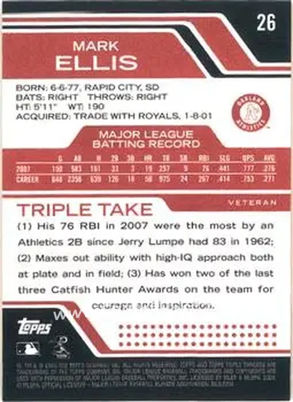 2008 Topps Triple Threads #26 - Mark Ellis - Oakland Athletics - Back