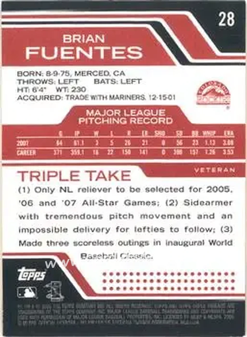 2008 Topps Triple Threads #28 - Brian Fuentes - Colorado Rockies - Back