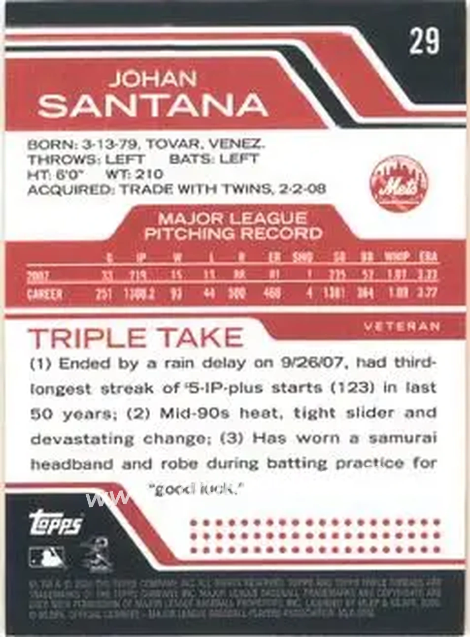 2008 Topps Triple Threads #29 - Johan Santana - New York Mets - Back