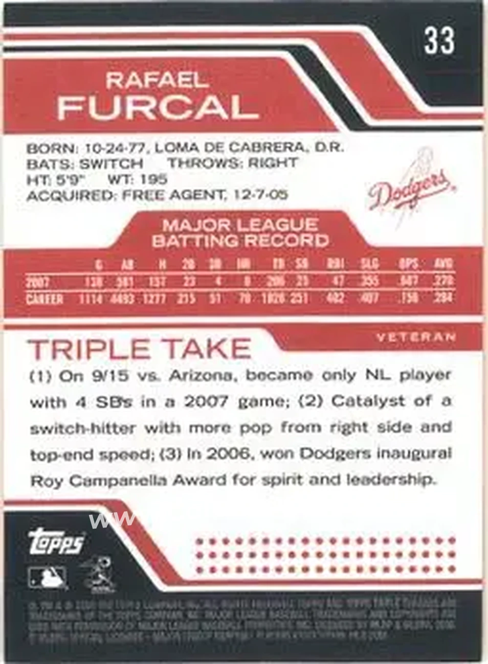 2008 Topps Triple Threads #33 - Rafael Furcal - Los Angeles Dodgers - Back